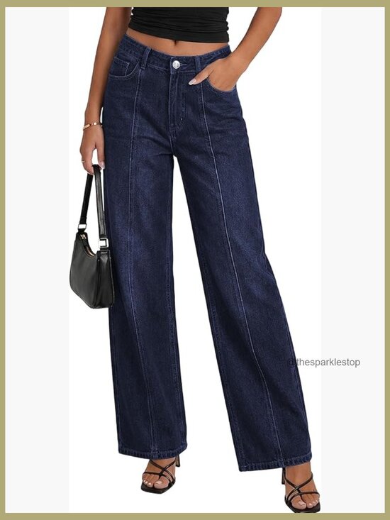Denim - Wide Leg Jeans High Waisted Stretchy Baggy Seamed Front Denim Palazzo Pants